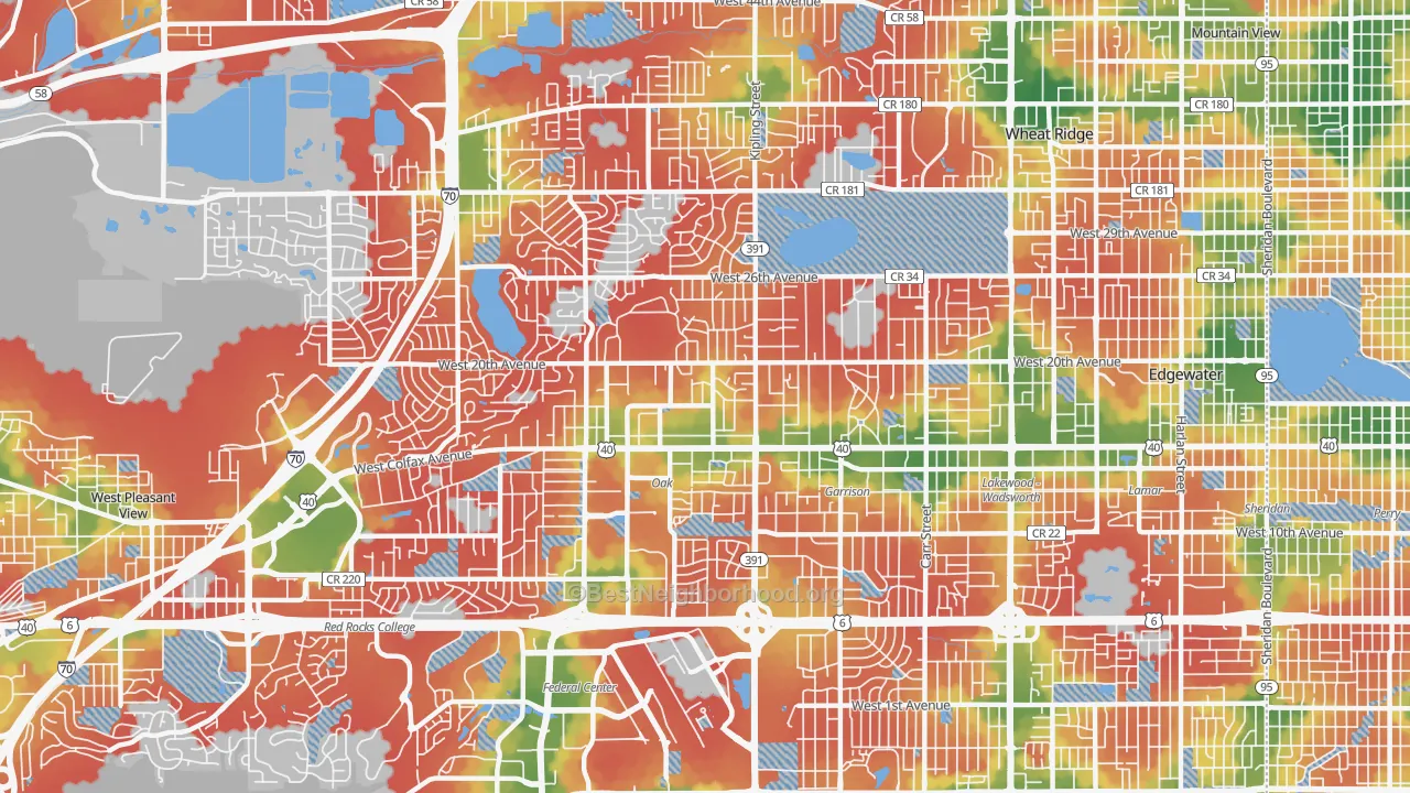 Walk Grade map of 80215, CO, walkable areas in green and car-dependent areas in red