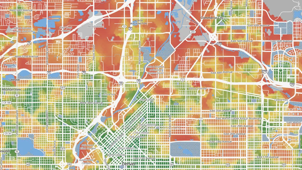 Walk Grade map of 80216, CO, walkable areas in green and car-dependent areas in red