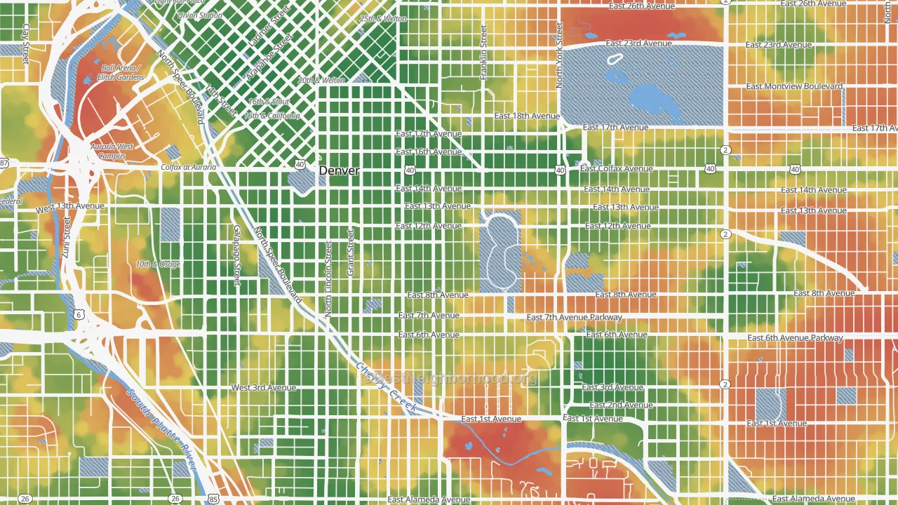 Walk Grade map of 80218, CO, walkable areas in green and car-dependent areas in red