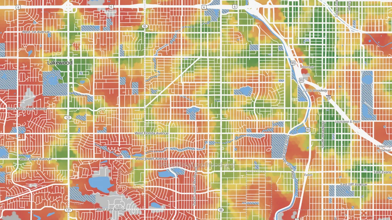 Walk Grade map of 80219, CO, walkable areas in green and car-dependent areas in red