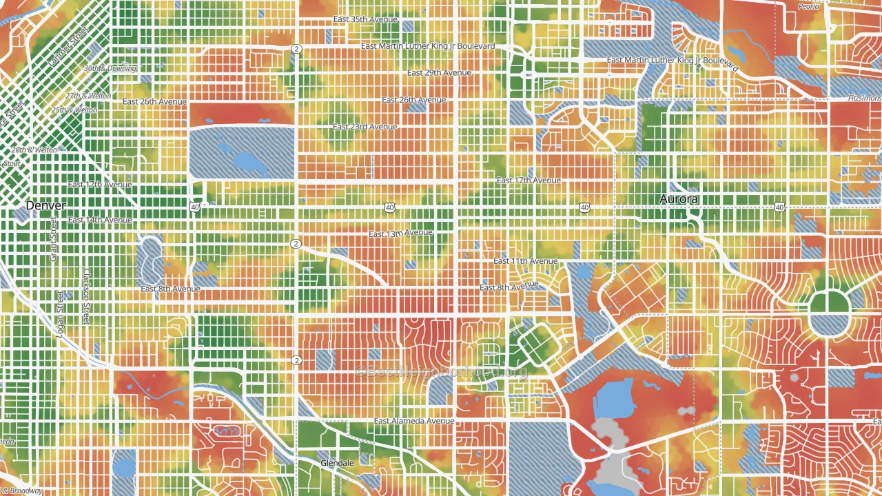 Walk Grade map of 80220, CO, walkable areas in green and car-dependent areas in red