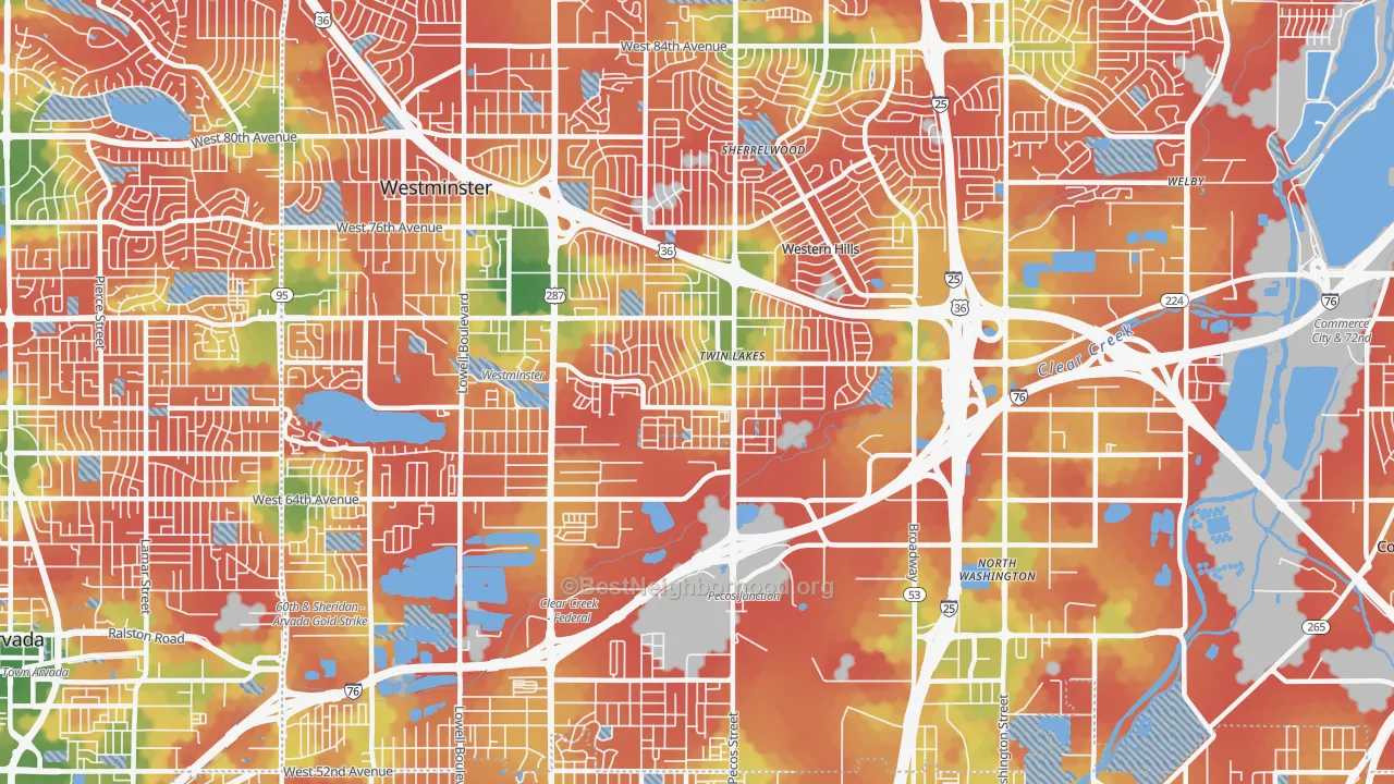 Walk Grade map of 80221, CO, walkable areas in green and car-dependent areas in red