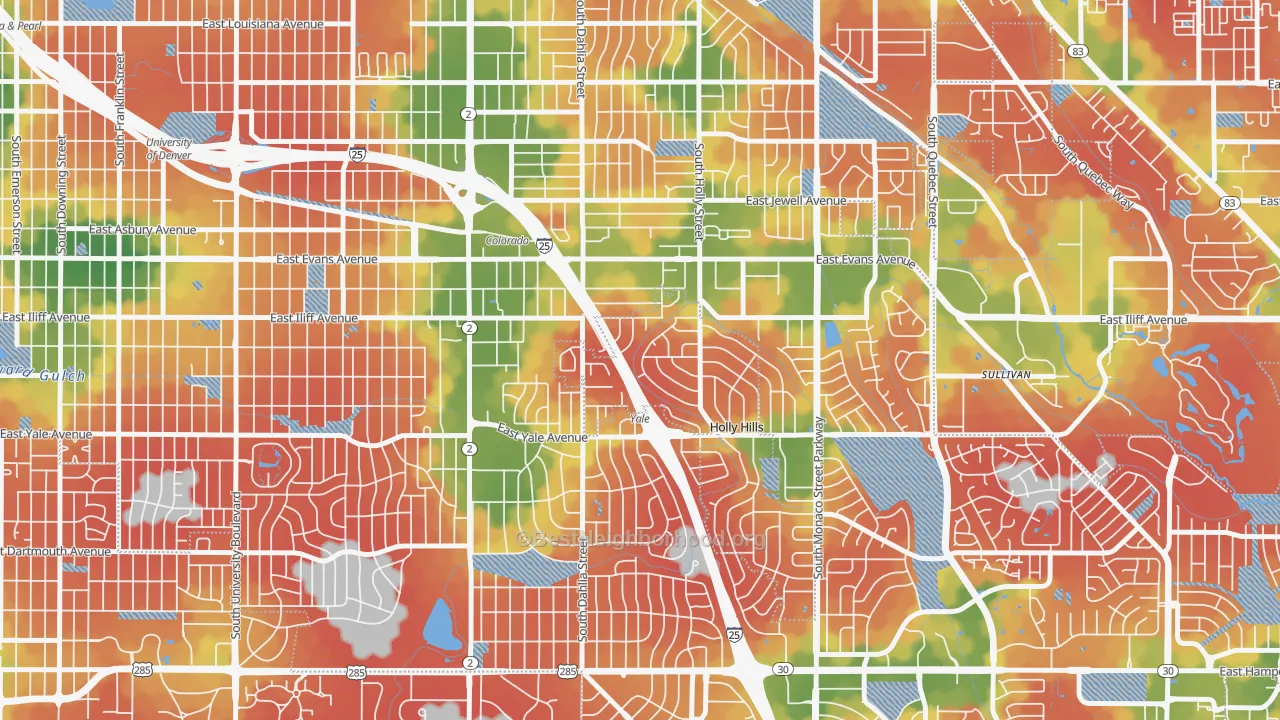 Walk Grade map of 80222, CO, walkable areas in green and car-dependent areas in red