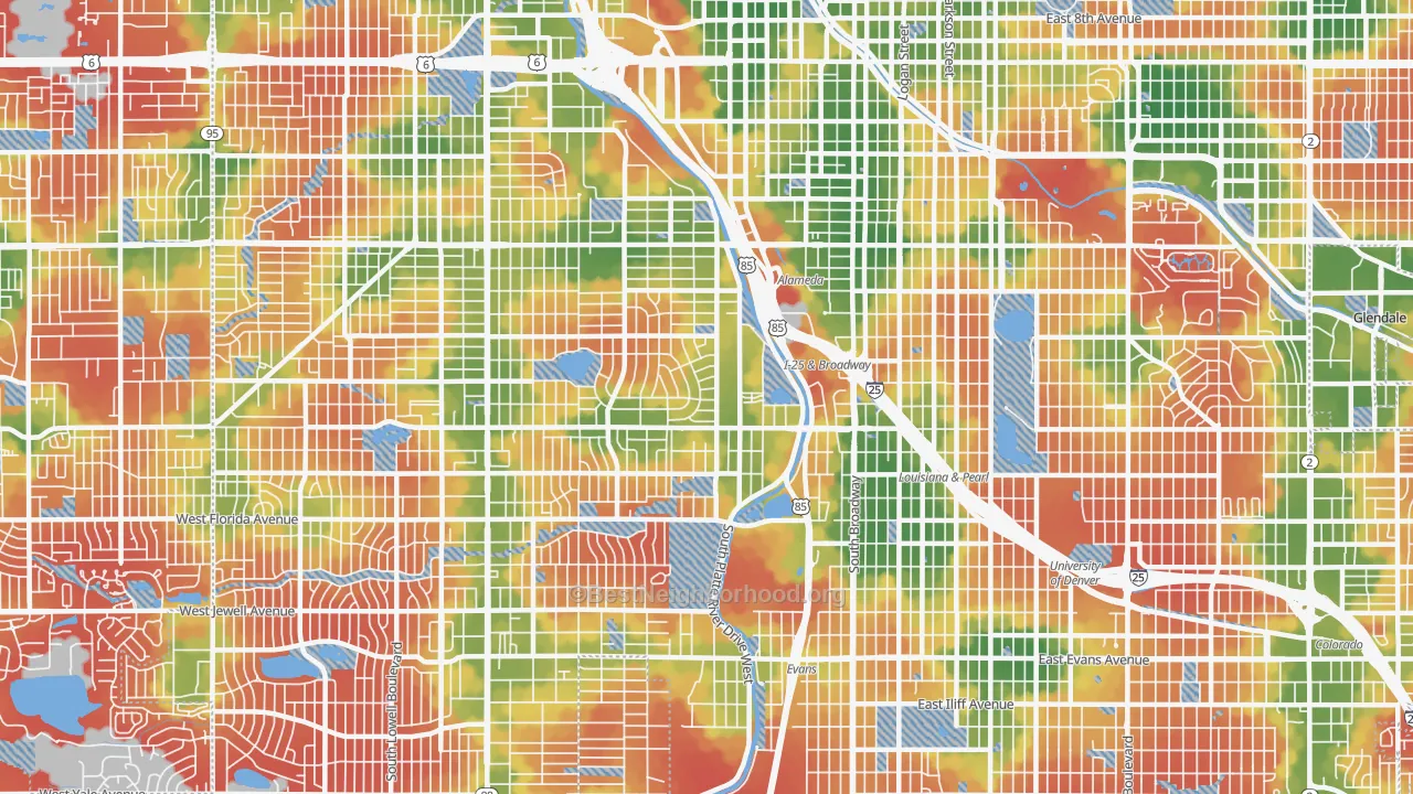 Walk Grade map of 80223, CO, walkable areas in green and car-dependent areas in red