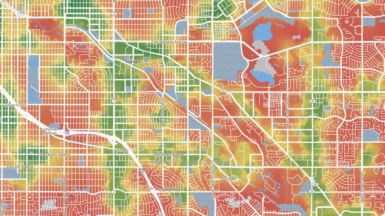 Walk Grade map of 80224, CO, walkable areas in green and car-dependent areas in red