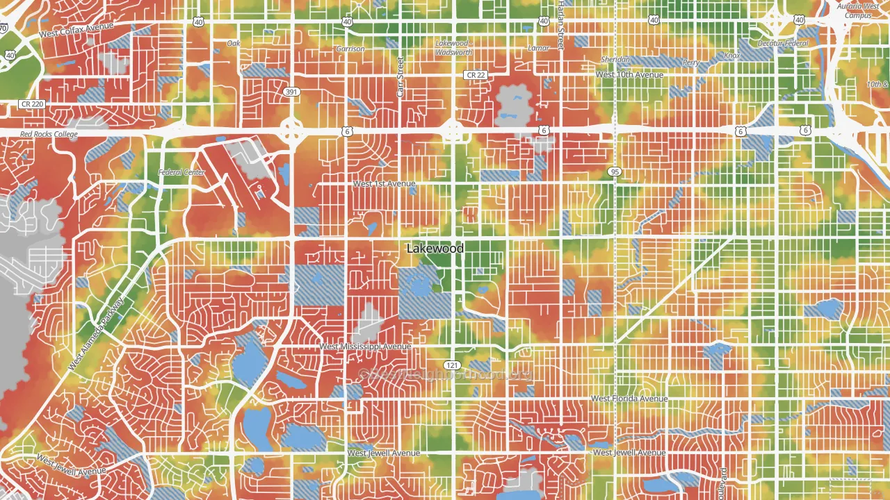 Walk Grade map of 80226, CO, walkable areas in green and car-dependent areas in red