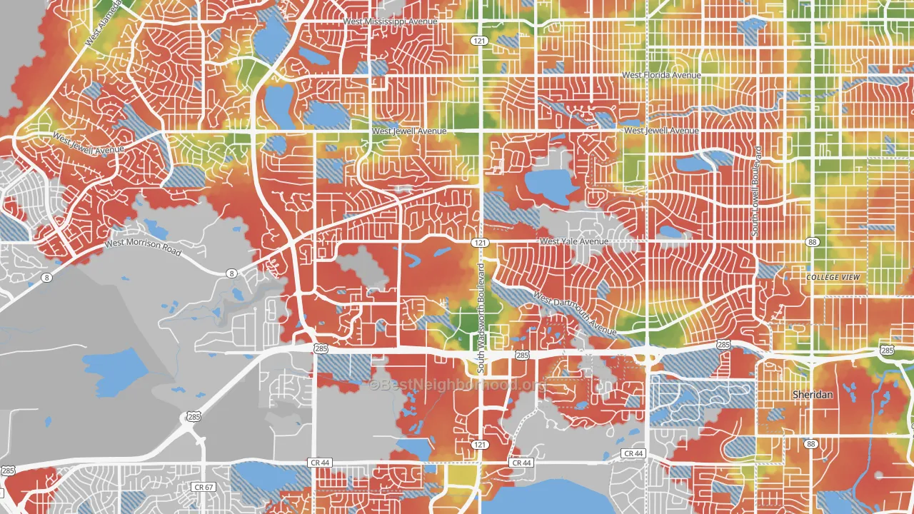 Walk Grade map of 80227, CO, walkable areas in green and car-dependent areas in red