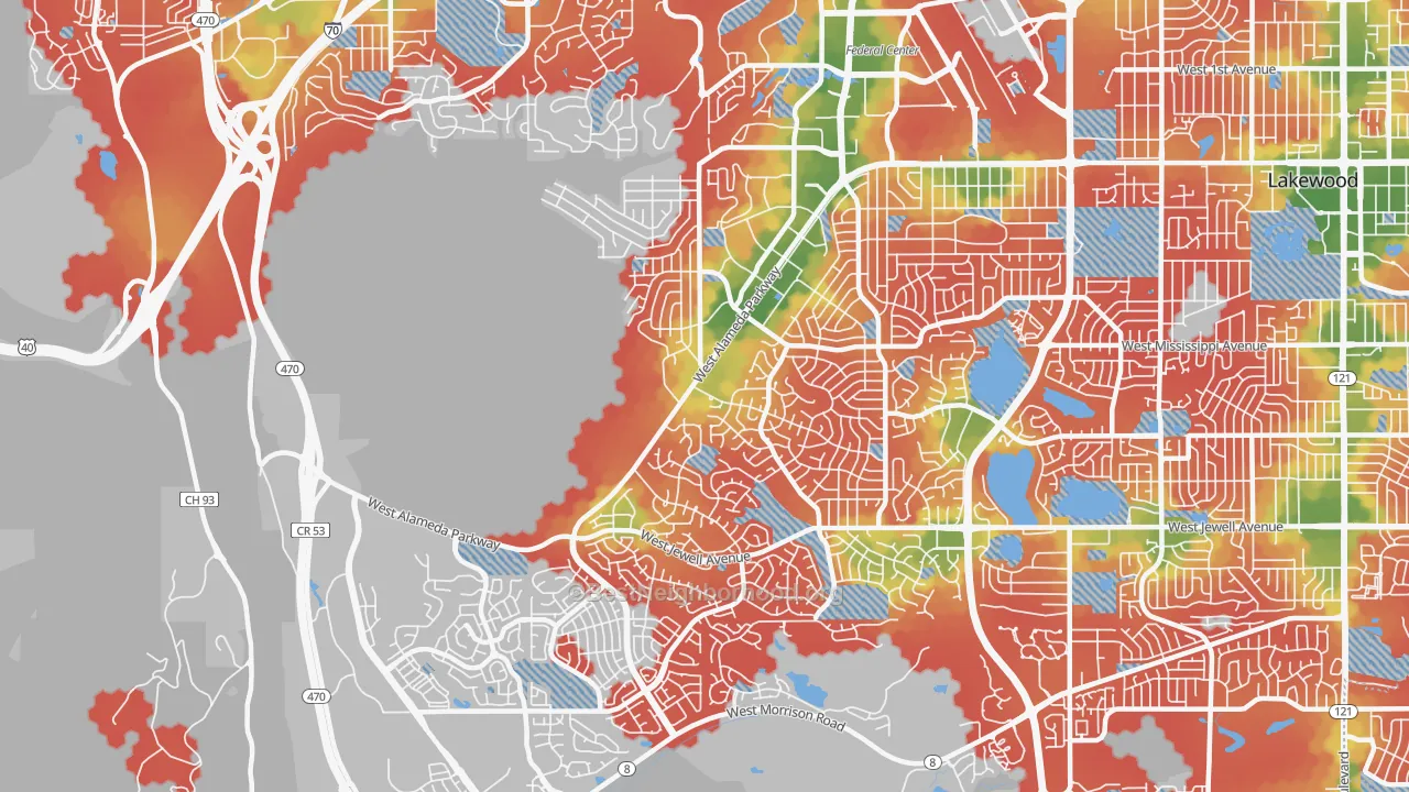 Walk Grade map of 80228, CO, walkable areas in green and car-dependent areas in red