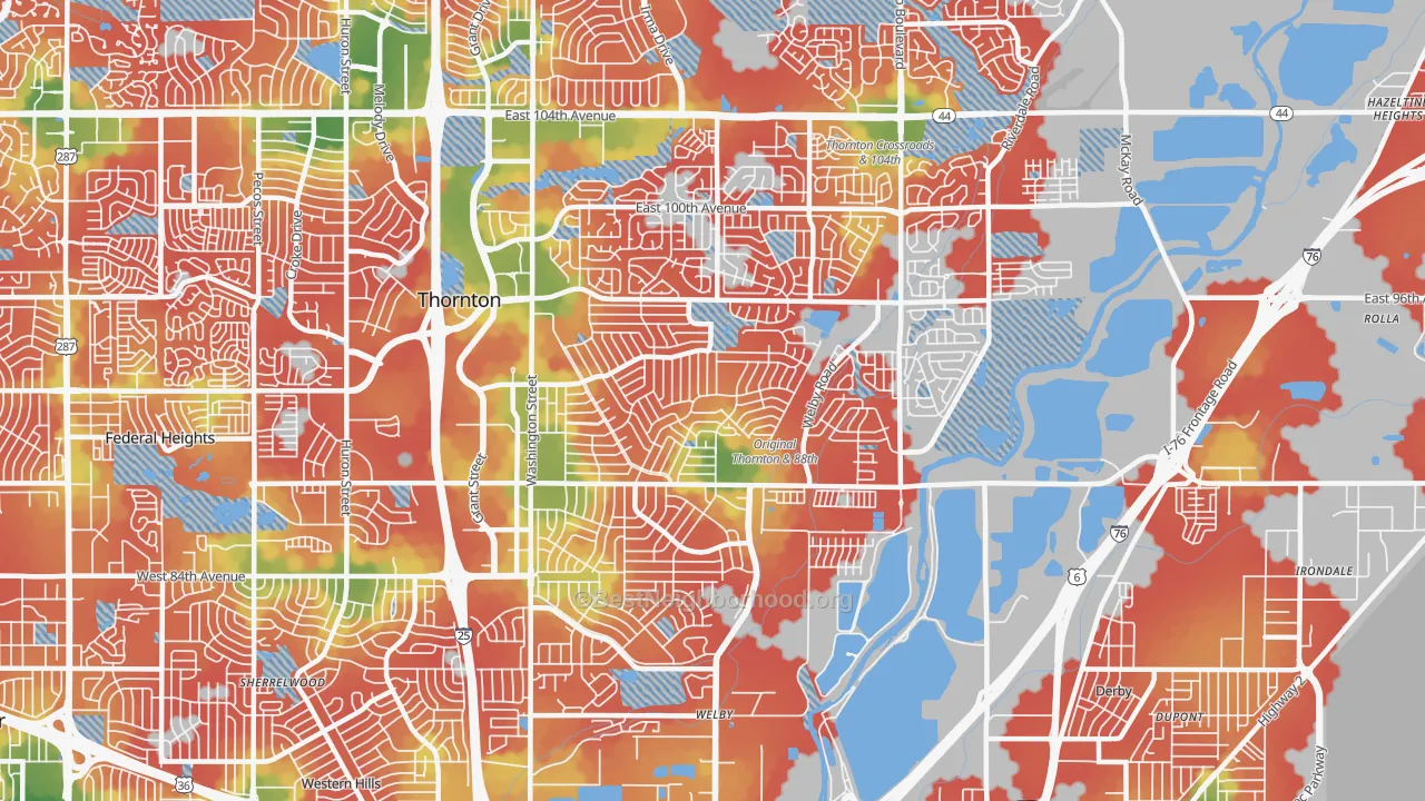 Walk Grade map of 80229, CO, walkable areas in green and car-dependent areas in red