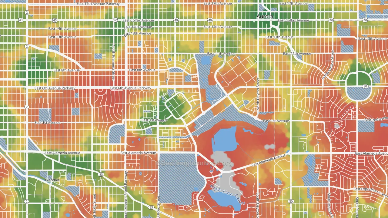 Walk Grade map of 80230, CO, walkable areas in green and car-dependent areas in red