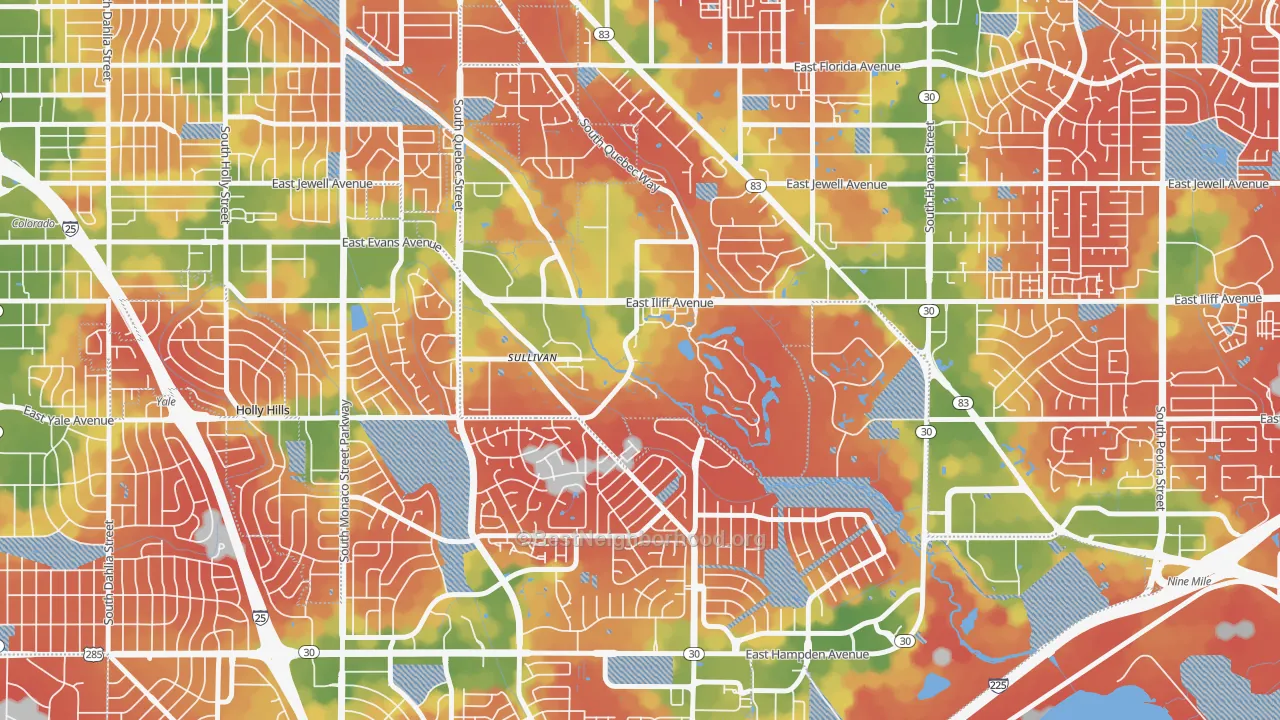 Walk Grade map of 80231, CO, walkable areas in green and car-dependent areas in red