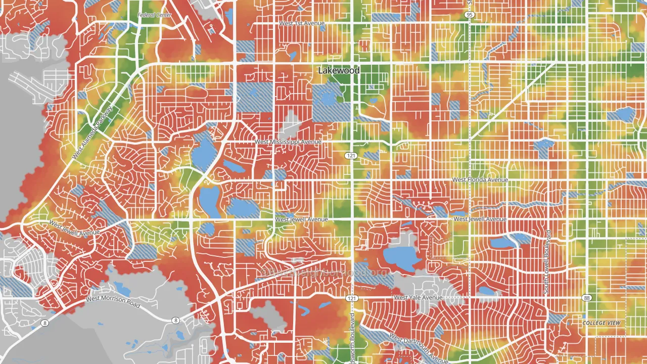 Walk Grade map of 80232, CO, walkable areas in green and car-dependent areas in red