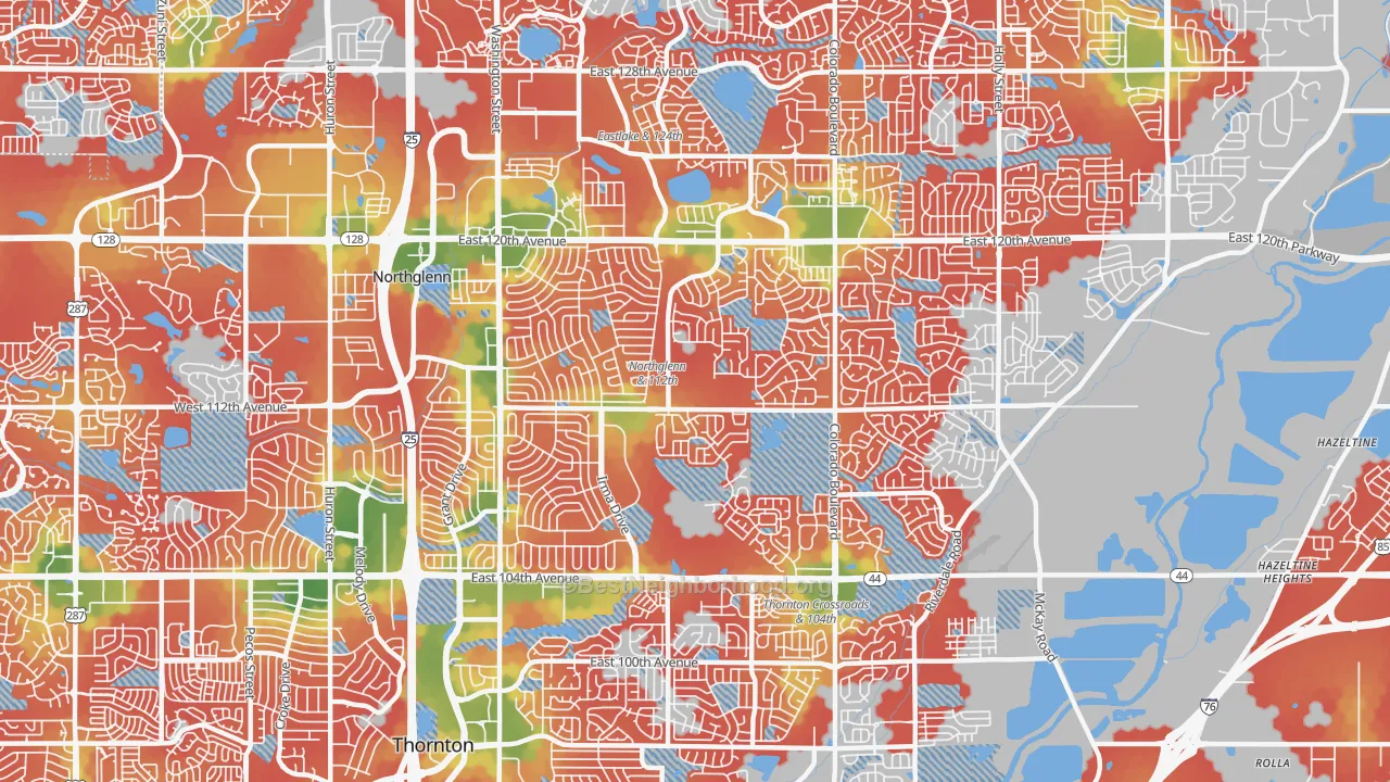 Walk Grade map of 80233, CO, walkable areas in green and car-dependent areas in red