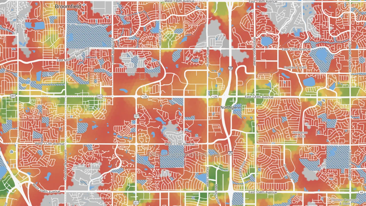 Walk Grade map of 80234, CO, walkable areas in green and car-dependent areas in red