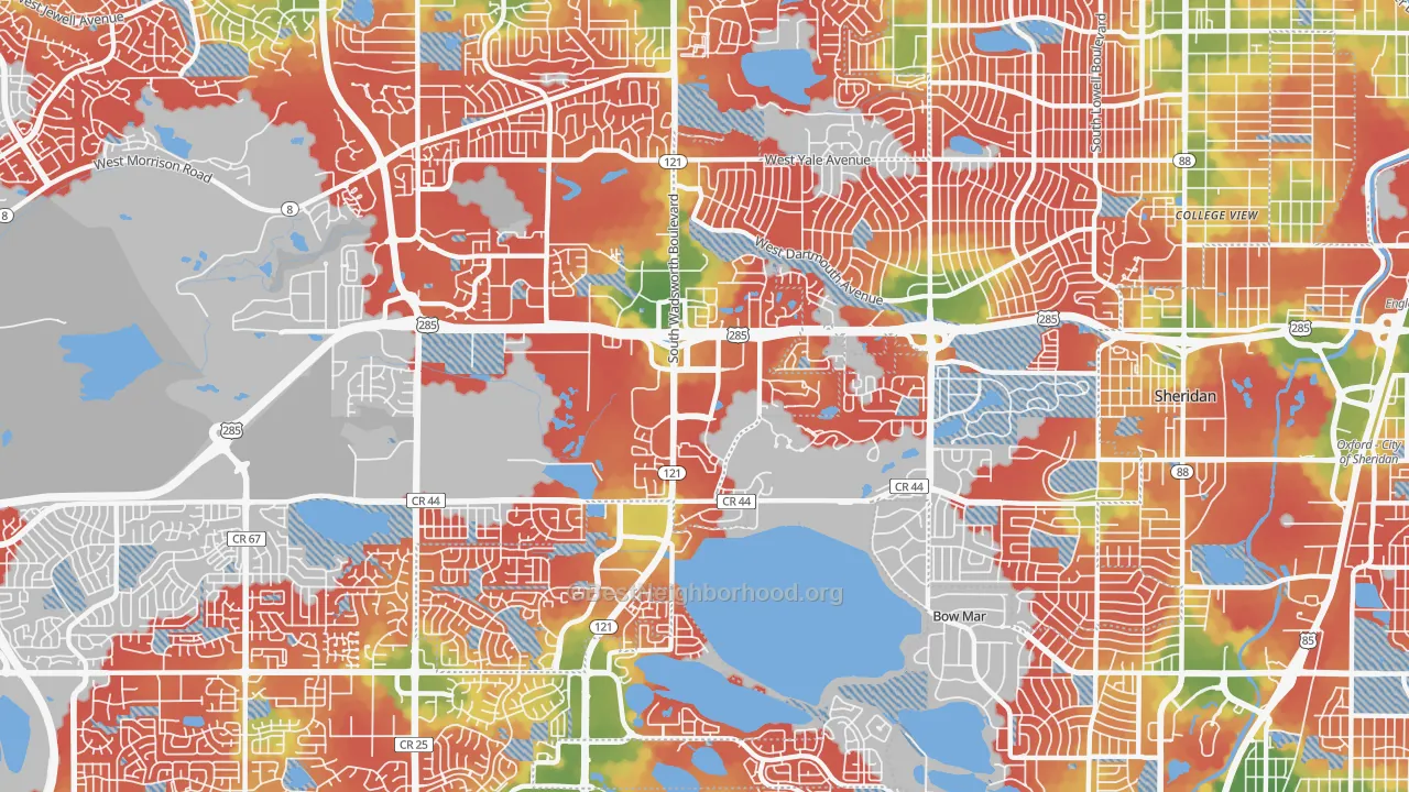 Walk Grade map of 80235, CO, walkable areas in green and car-dependent areas in red
