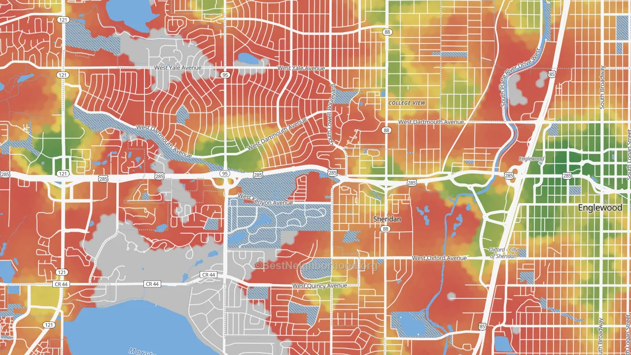 Walk Grade map of 80236, CO, walkable areas in green and car-dependent areas in red