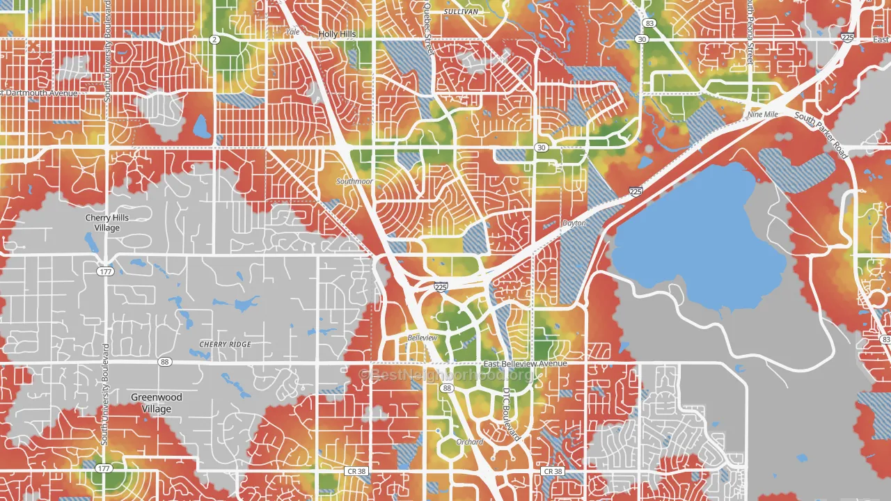 Walk Grade map of 80237, CO, walkable areas in green and car-dependent areas in red