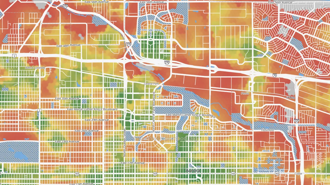 Walk Grade map of 80238, CO, walkable areas in green and car-dependent areas in red