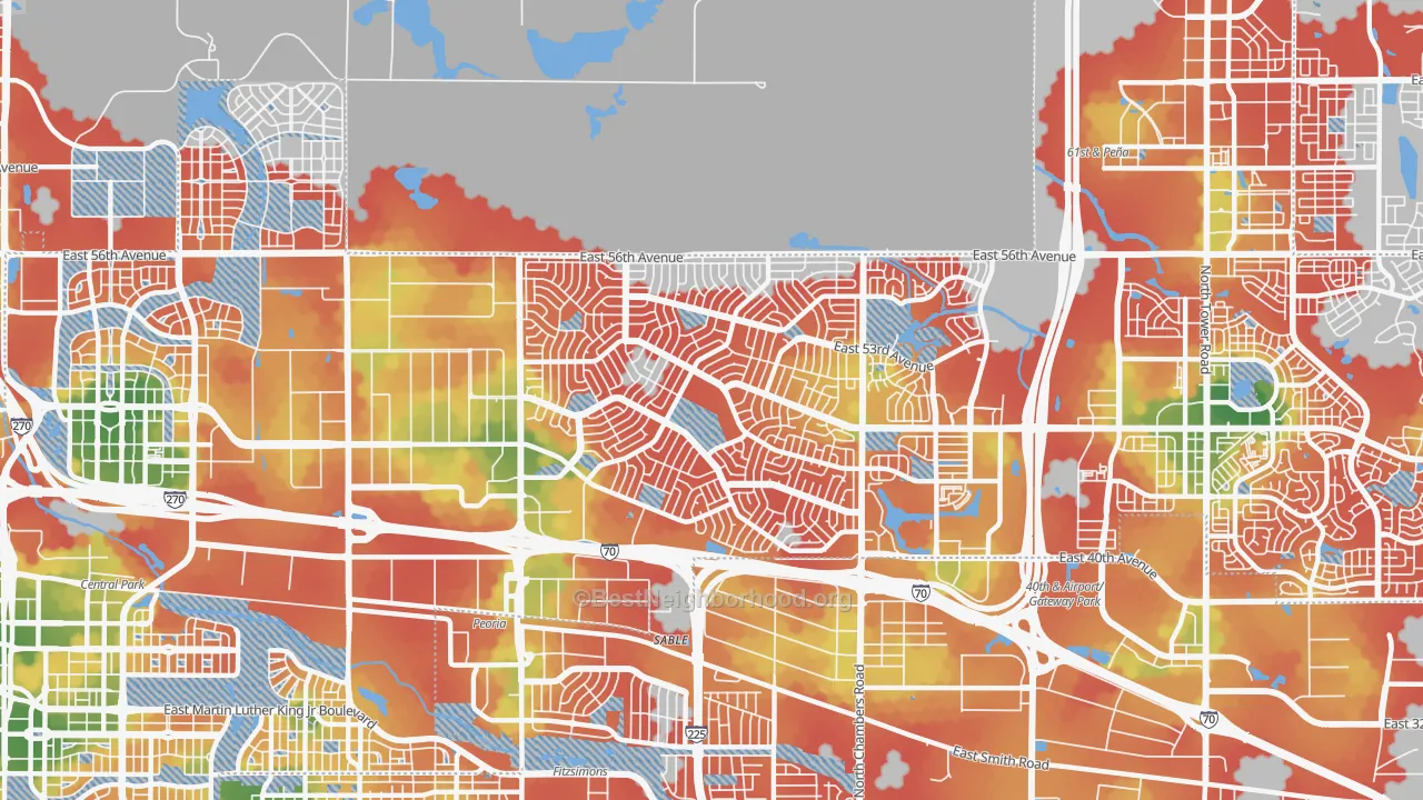Walk Grade map of 80239, CO, walkable areas in green and car-dependent areas in red