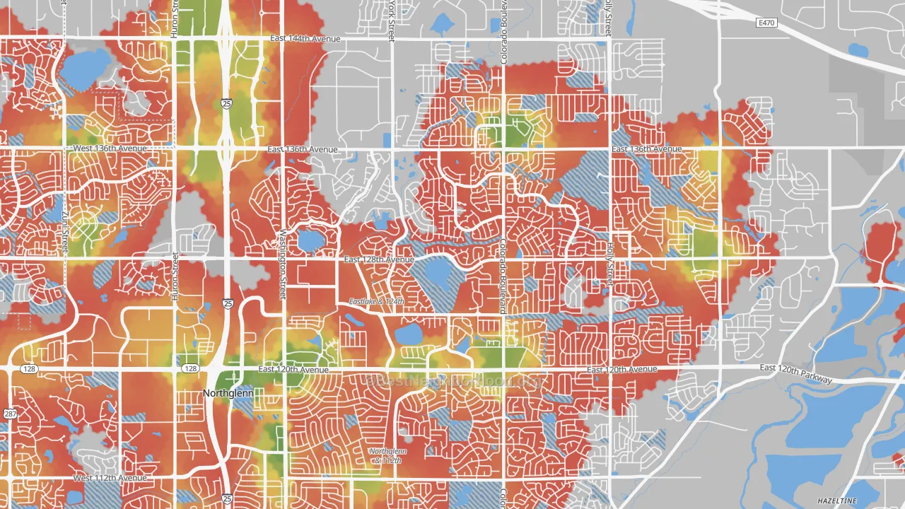 Walk Grade map of 80241, CO, walkable areas in green and car-dependent areas in red