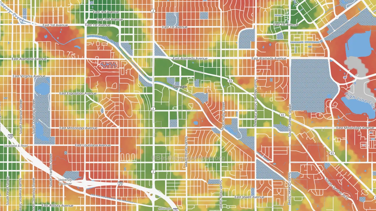 Walk Grade map of 80246, CO, walkable areas in green and car-dependent areas in red