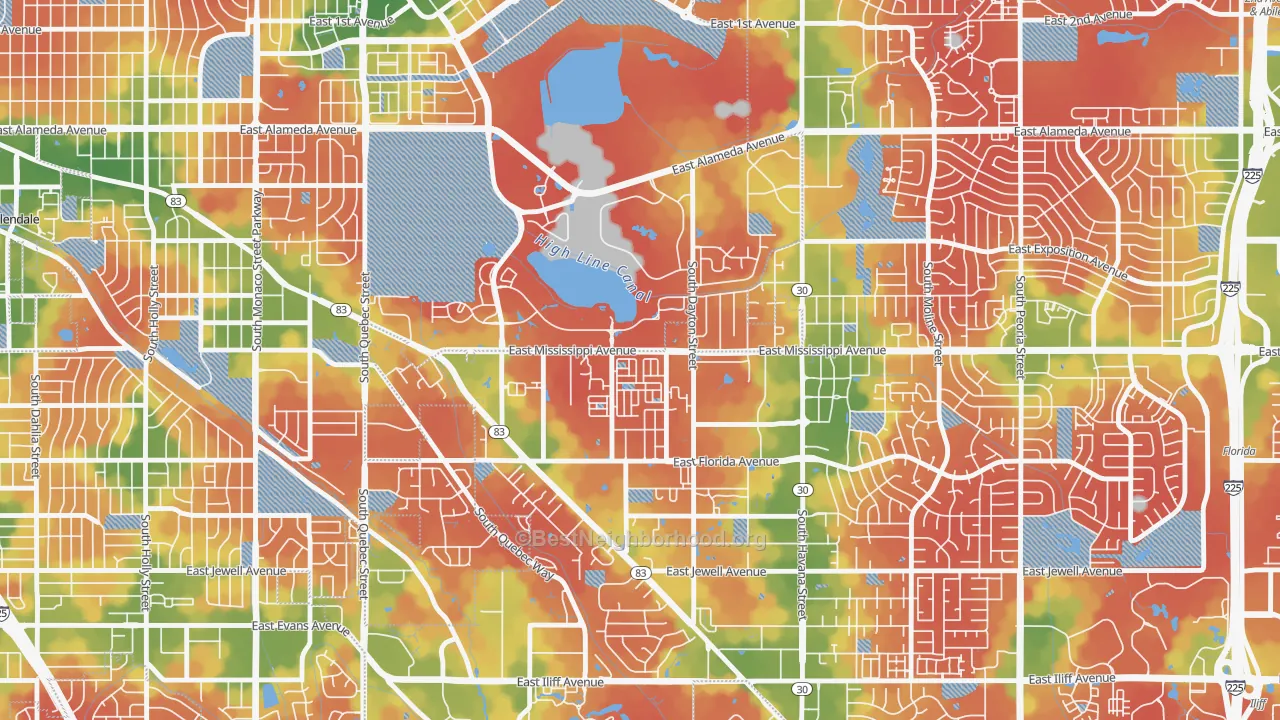 Walk Grade map of 80247, CO, walkable areas in green and car-dependent areas in red