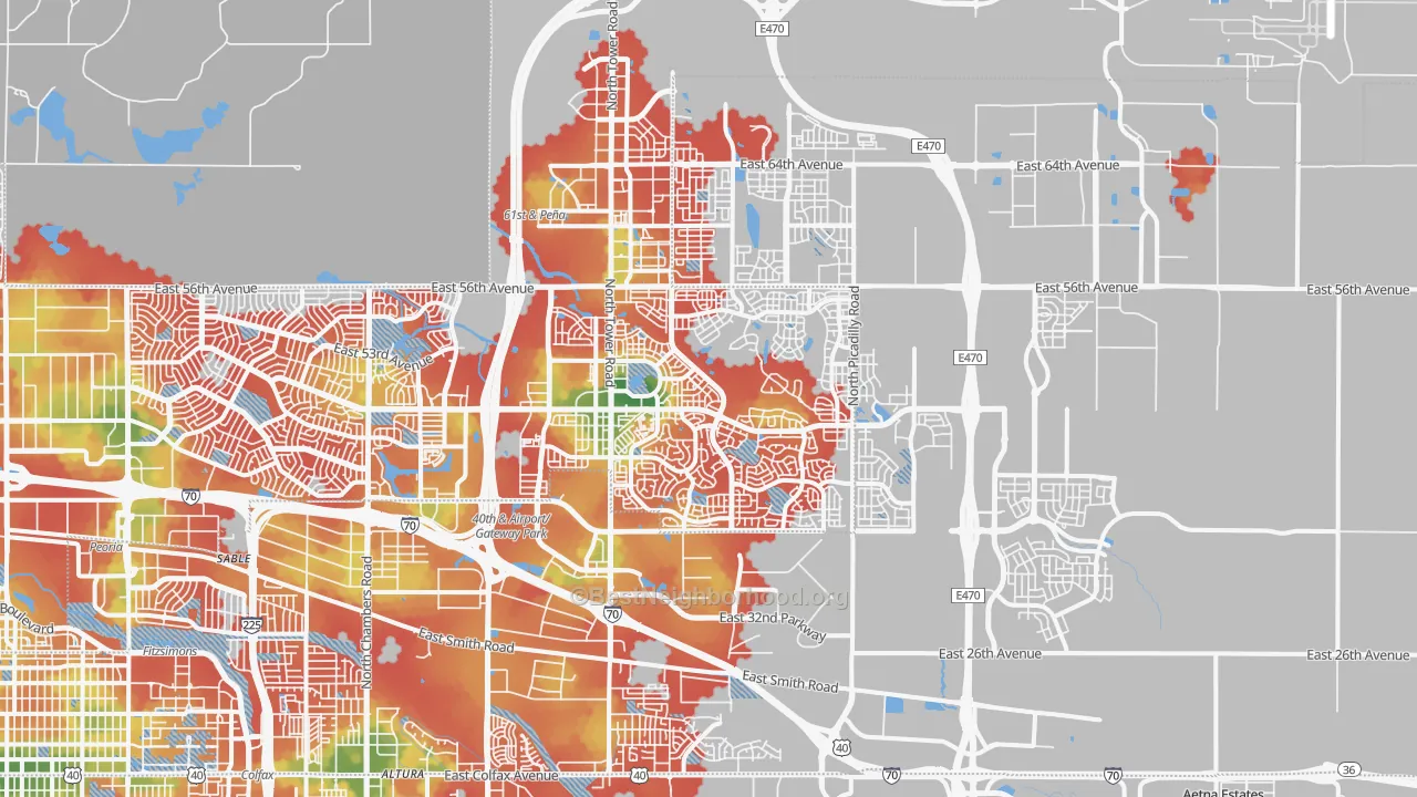 Walk Grade map of 80249, CO, walkable areas in green and car-dependent areas in red