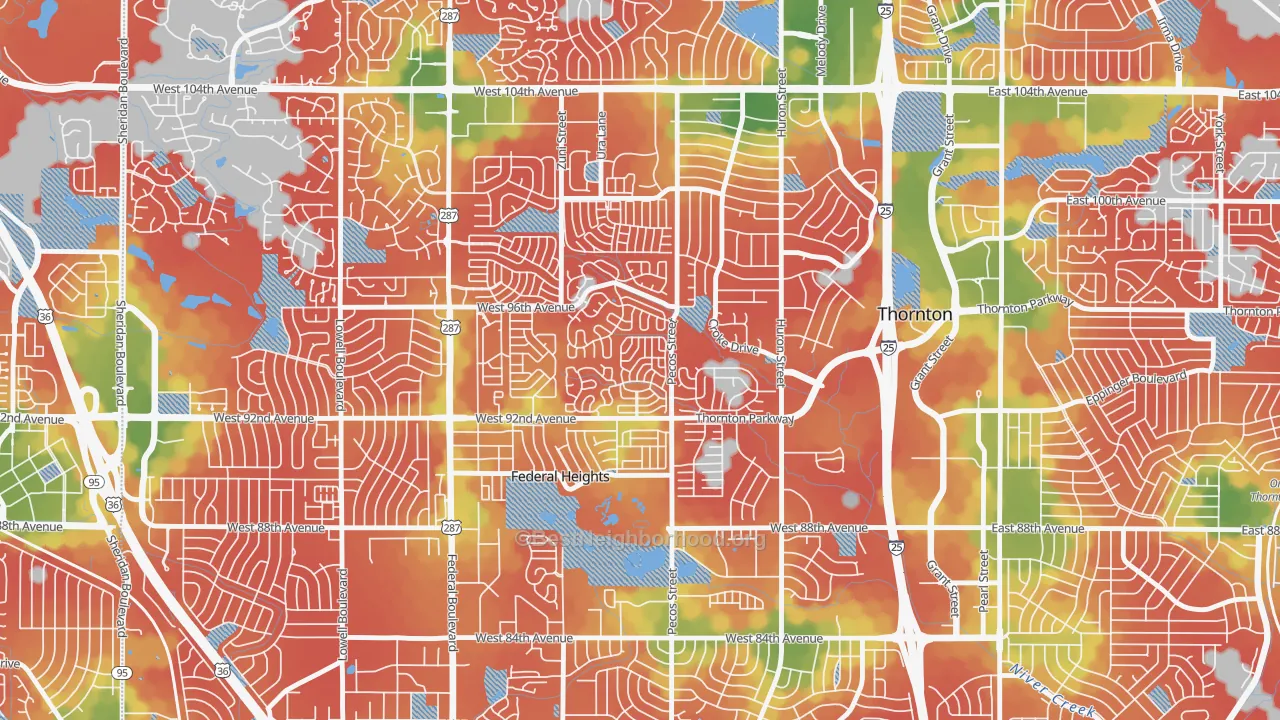 Walk Grade map of 80260, CO, walkable areas in green and car-dependent areas in red