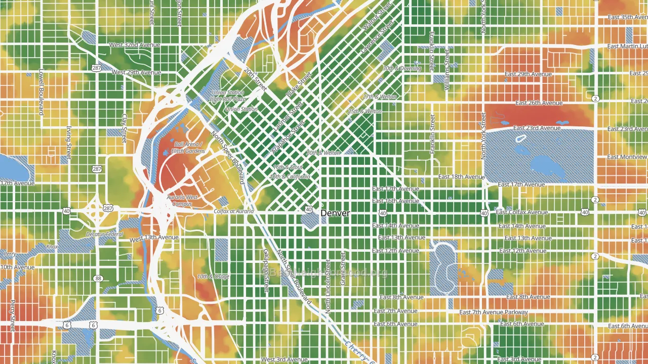 Walk Grade map of 80274, CO, walkable areas in green and car-dependent areas in red