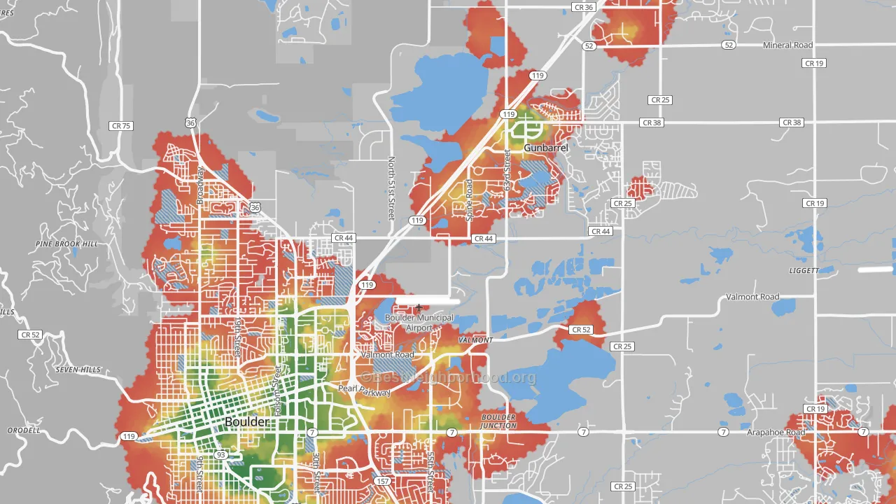 Walk Grade map of 80301, CO, walkable areas in green and car-dependent areas in red