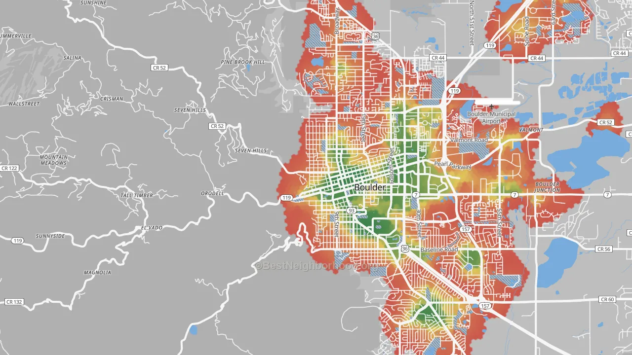 Walk Grade map of 80302, CO, walkable areas in green and car-dependent areas in red