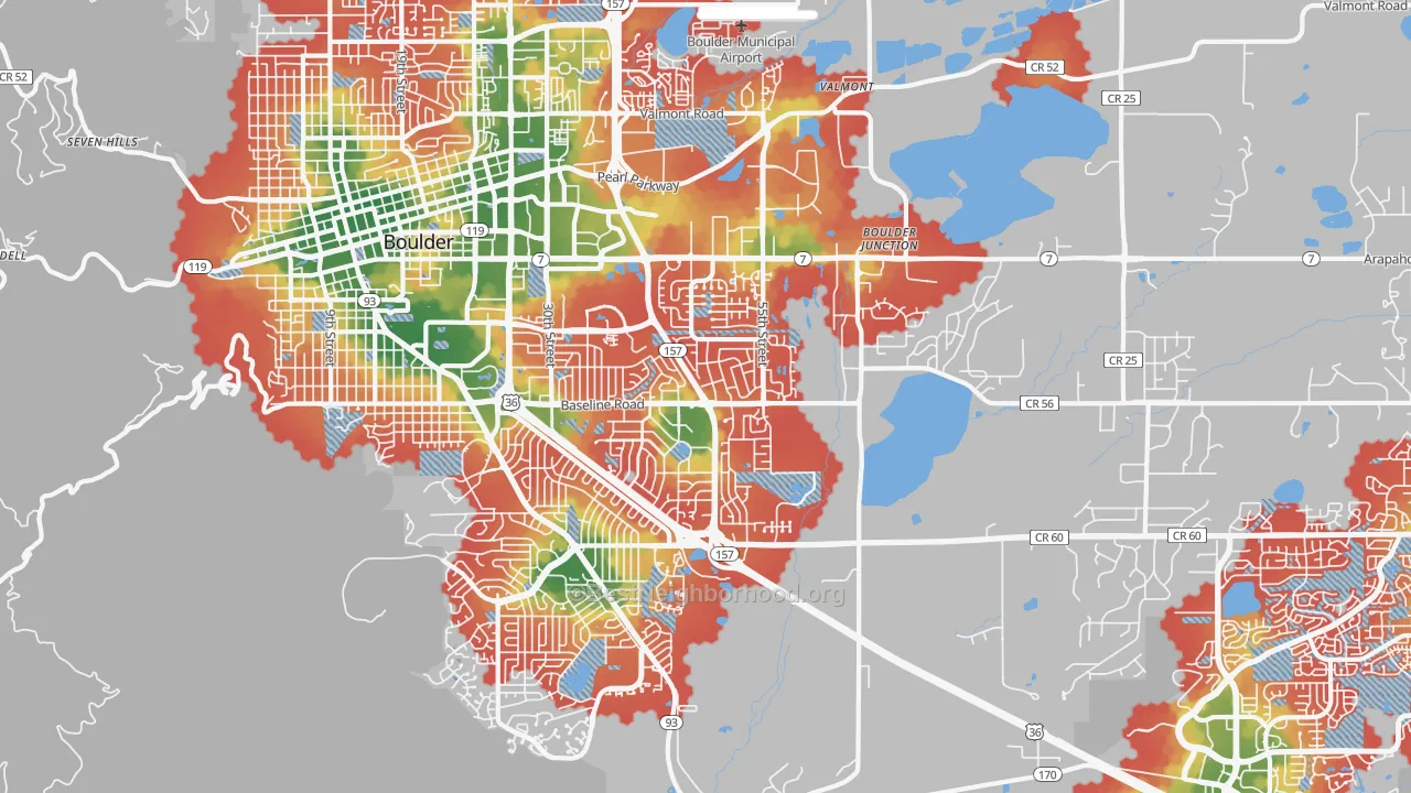 Walk Grade map of 80303, CO, walkable areas in green and car-dependent areas in red