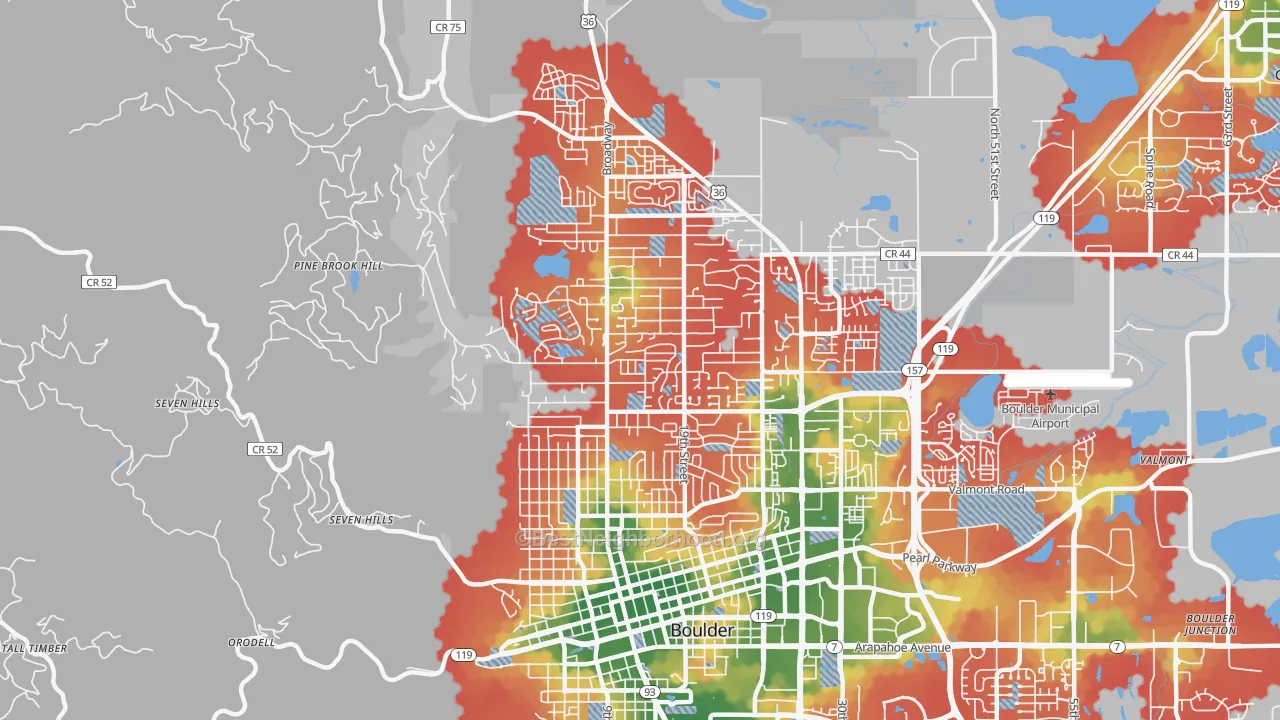 Walk Grade map of 80304, CO, walkable areas in green and car-dependent areas in red