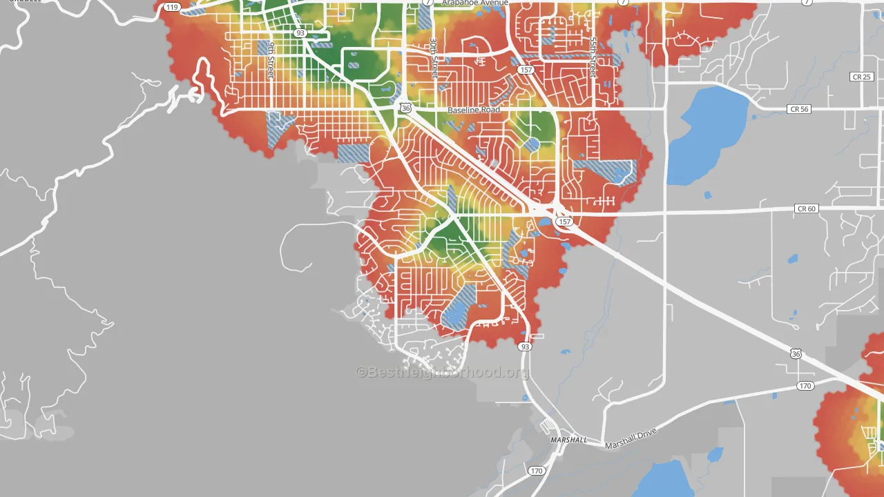 Walk Grade map of 80305, CO, walkable areas in green and car-dependent areas in red
