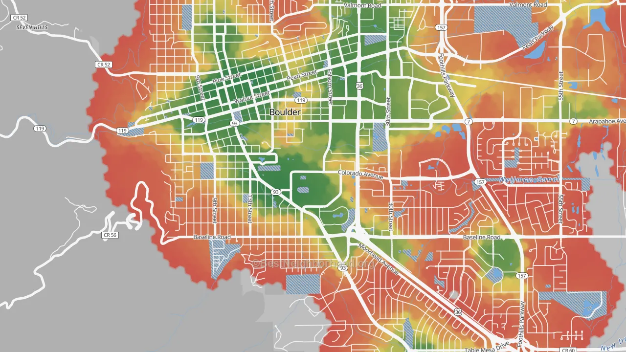 Walk Grade map of 80309, CO, walkable areas in green and car-dependent areas in red