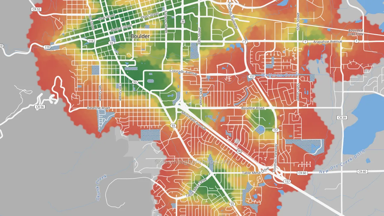 Walk Grade map of 80310, CO, walkable areas in green and car-dependent areas in red
