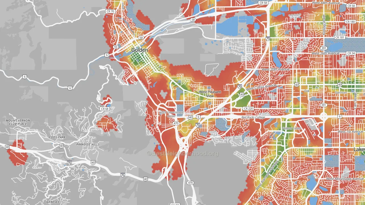 Walk Grade map of 80401, CO, walkable areas in green and car-dependent areas in red