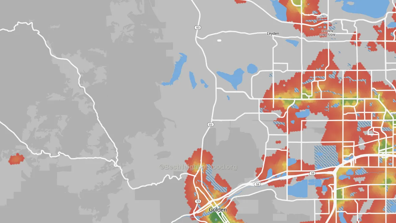 Walk Grade map of 80403, CO, walkable areas in green and car-dependent areas in red