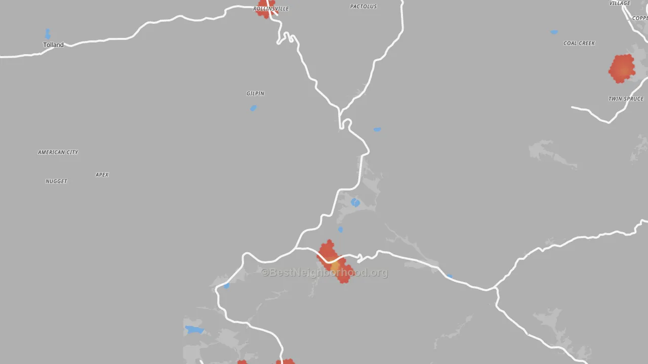 Walk Grade map of 80422, CO, walkable areas in green and car-dependent areas in red