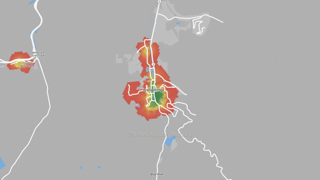 Walk Grade map of 80424, CO, walkable areas in green and car-dependent areas in red