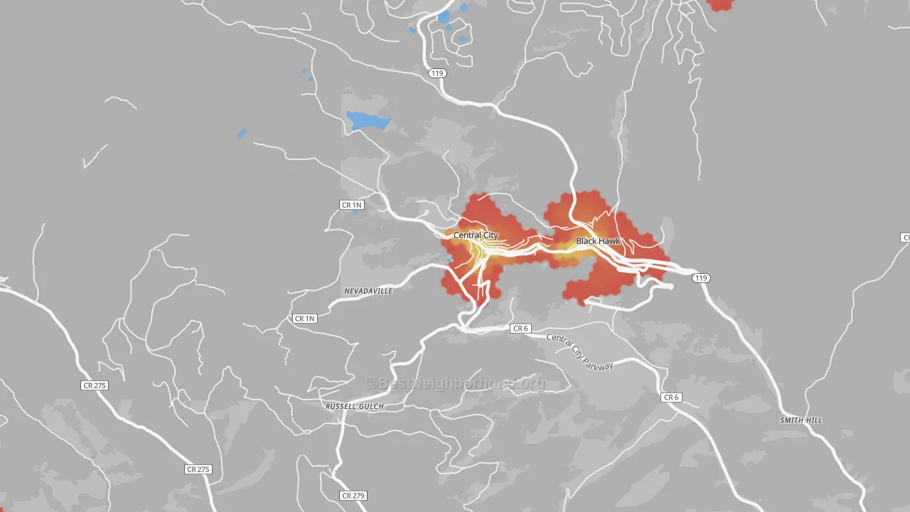 Walk Grade map of 80427, CO, walkable areas in green and car-dependent areas in red