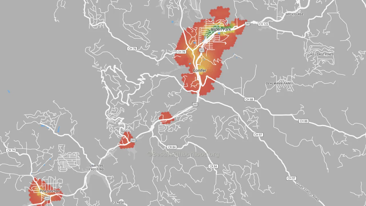 Walk Grade map of 80433, CO, walkable areas in green and car-dependent areas in red