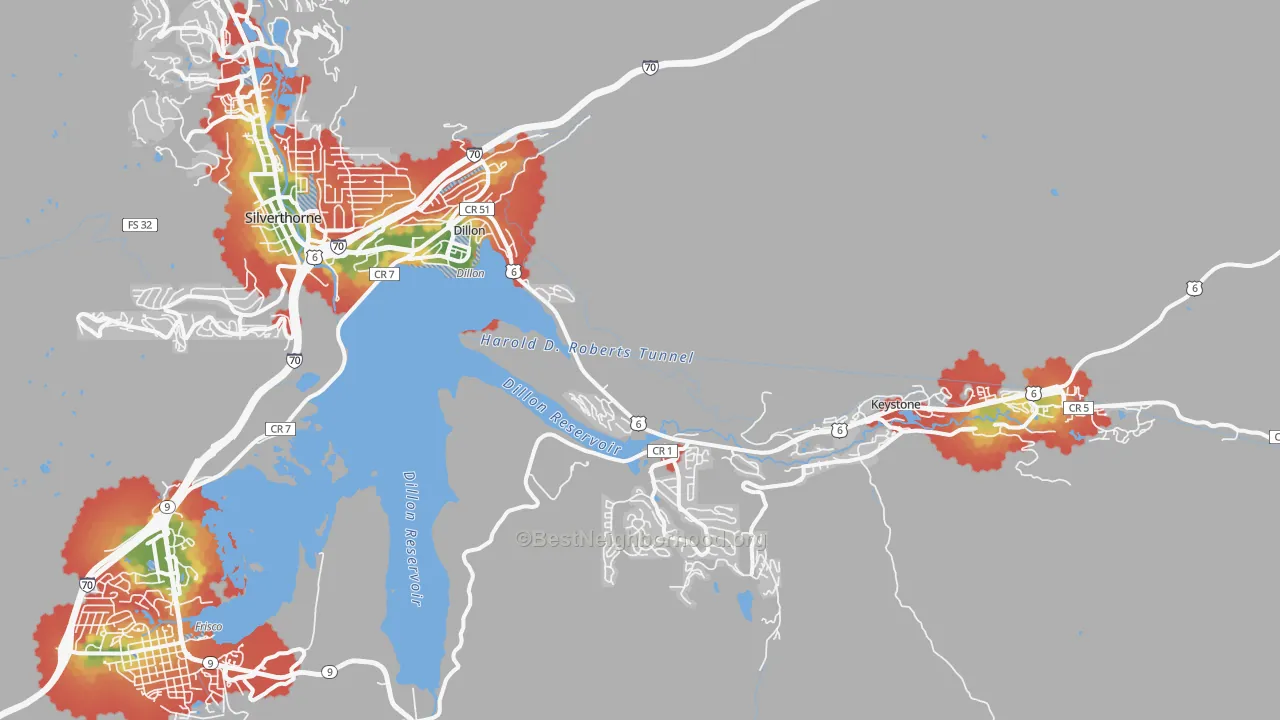 Walk Grade map of 80435, CO, walkable areas in green and car-dependent areas in red
