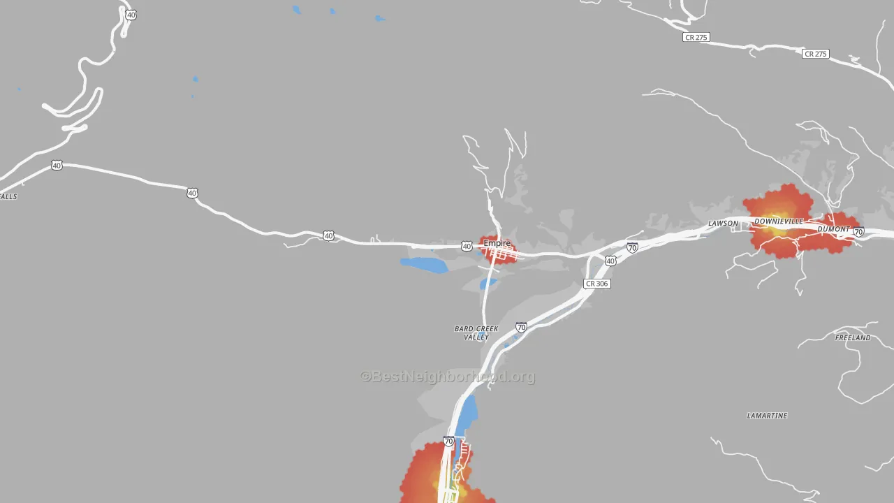 Walk Grade map of 80438, CO, walkable areas in green and car-dependent areas in red