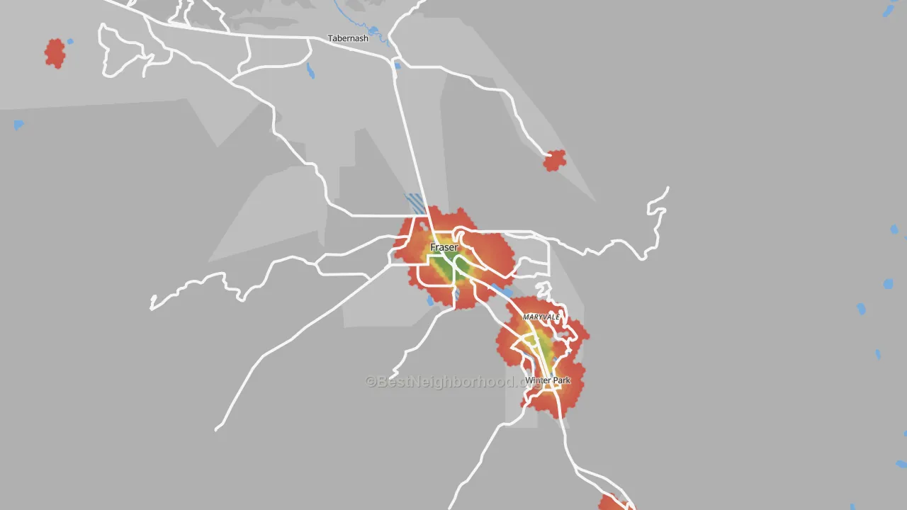 Walk Grade map of 80442, CO, walkable areas in green and car-dependent areas in red