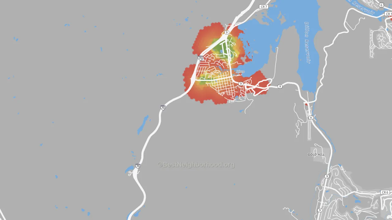 Walk Grade map of 80443, CO, walkable areas in green and car-dependent areas in red