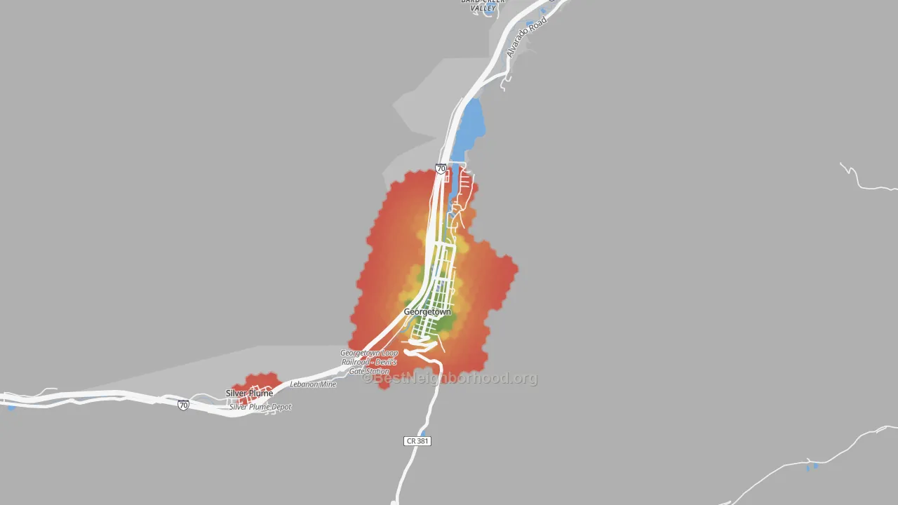 Walk Grade map of 80444, CO, walkable areas in green and car-dependent areas in red