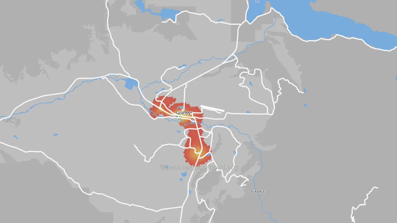 Walk Grade map of 80446, CO, walkable areas in green and car-dependent areas in red