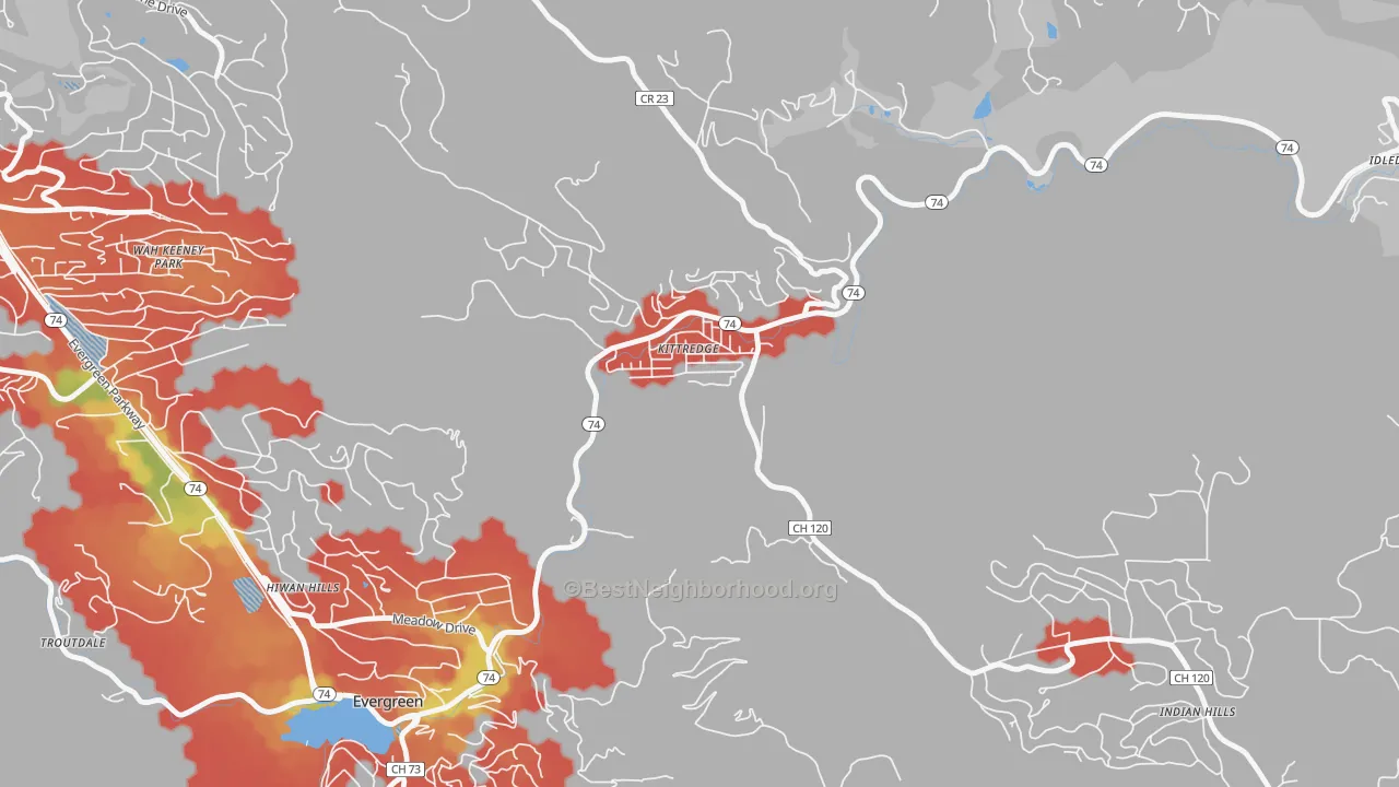 Walk Grade map of 80457, CO, walkable areas in green and car-dependent areas in red