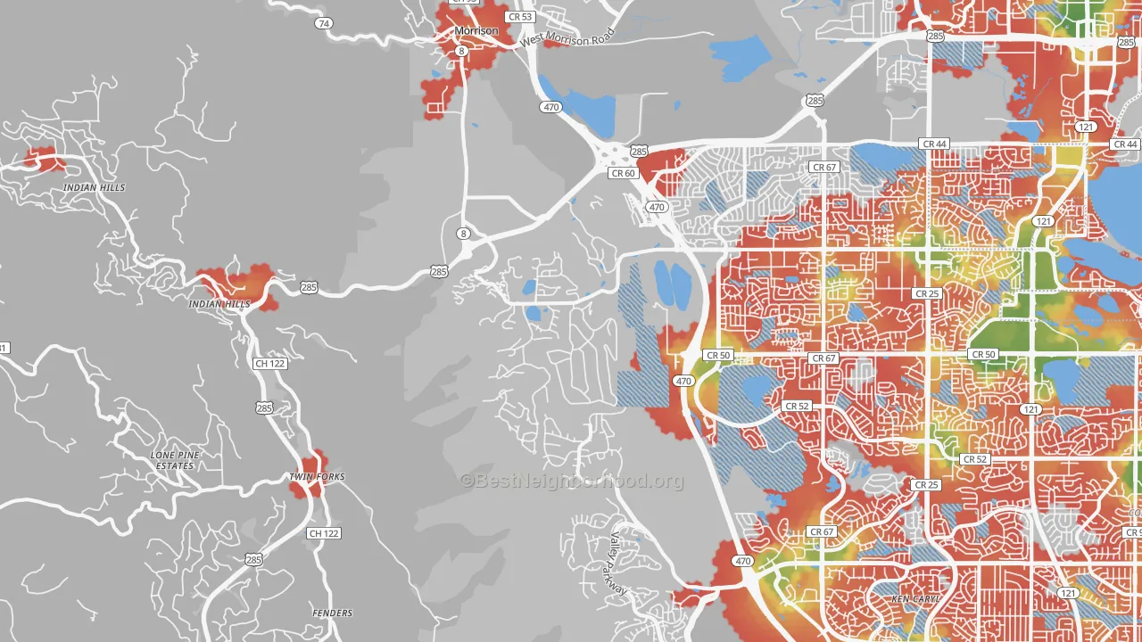 Walk Grade map of 80465, CO, walkable areas in green and car-dependent areas in red